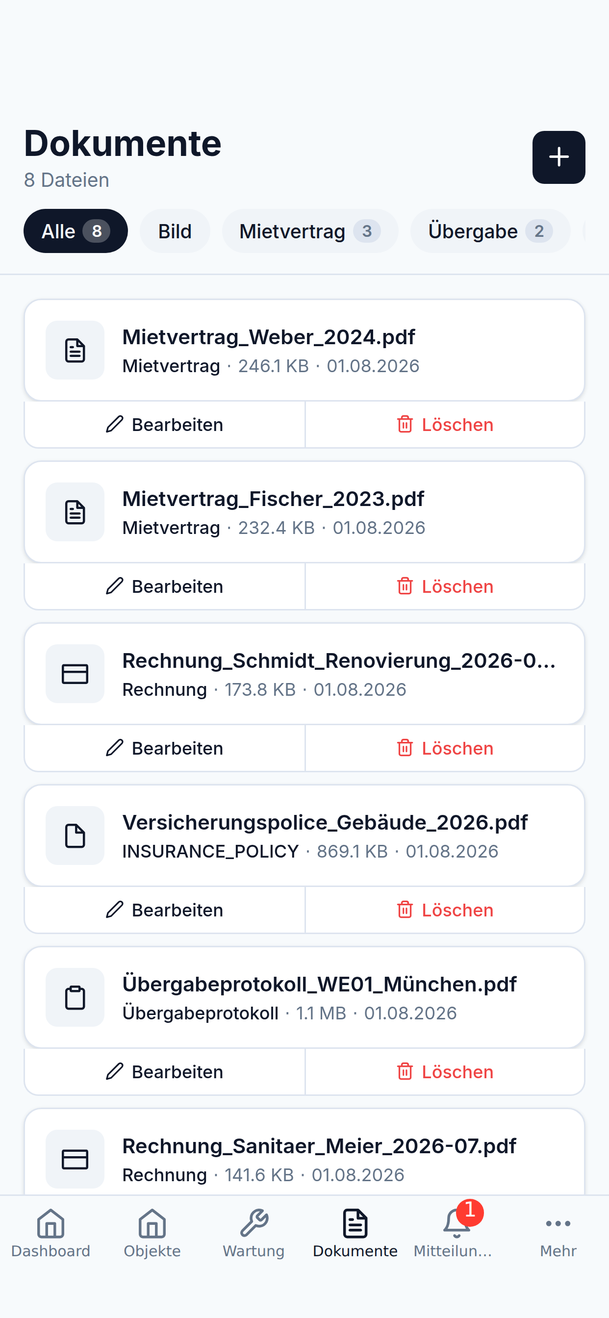 Dokumentenbereich von ImmobilienHQ mit synthetischen Beispieldaten