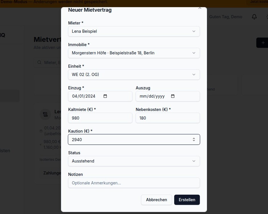 Mietvertragsformular von ImmobilienHQ mit synthetischen Beispieldaten